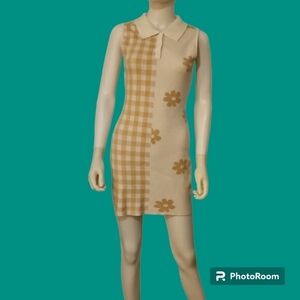 LE LIS Cream Tan Check Floral Mod Sleeveless Sweater Mini Bodycon Micro Dress